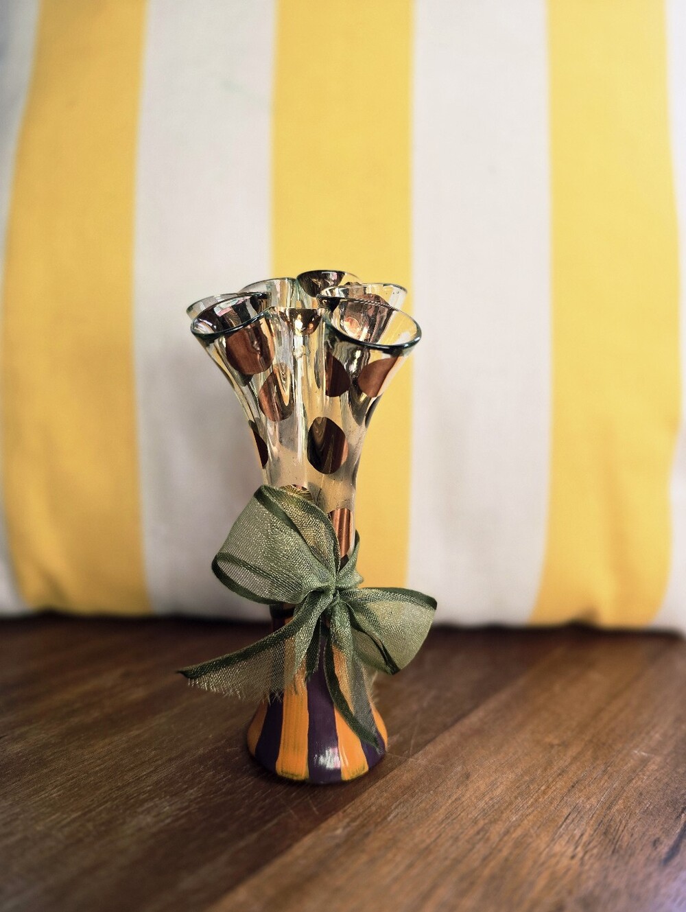 MacKenzie-Childs Vintage Circus 5" Glass Vase Purple Gold Polka Dot Striped